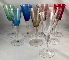 8 Spectrum Hand Blown Crystal Cordial Glasses Flutes Assorted Rainbow Colors