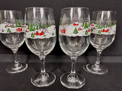 4 Vintage Libbey Christmas Winter Village Countryside Snow Scene Goblets 7 1/2″
