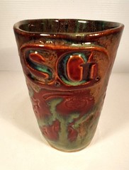 Drip Glazed Pottery Tumbler 5″ Hand Thrown Signed SG 12 Oz Shamrock Mark
