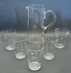 Vintage MCM Atomic Starburst Cut Etched Clear Pitcher And 5 Glasses Barware Set