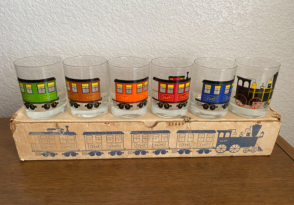Cera Train Tumblers Set of 6 Original Box Vintage Barware