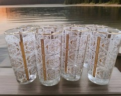 8 Libbey Highball Glasses Filigree Gold & White Moroccan Imperial 12oz Vintage