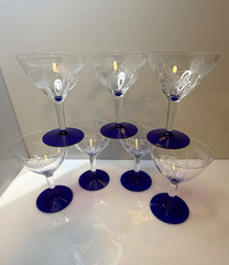 Set of 7 Vtg Louie Weston Etched Glass with Cobalt Feet Champagne Glasses – EUC