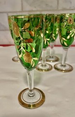 Stemware-(6) Emerald Green and Gold Floral Design-Sherry/cordial Flutes-