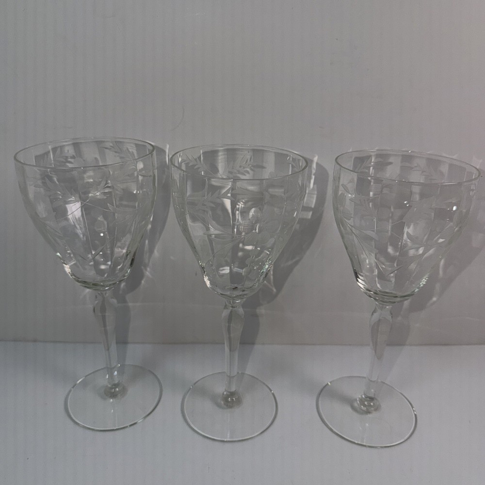 Set of 3 Vintage Etched Crystal Wine Glasses Clear Glass 8” Tall