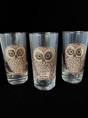 Set of 3 MCM Vintage Georges Briard Brown/Gold Highball Owl Glasses Signed