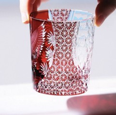 Red Japanese Style Edo Kiriko Glass Whisky Glass Tumbler Hand Cut To 8oz Gift