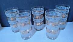 5 Vintage MCM Libbey Gold Embossed Grape Leaf Highball Glasses