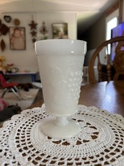 Vintage Anchor Hocking Milk Glass Footed Goblet Grape & Leaves Pattern Antique