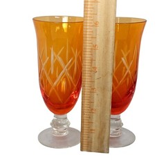 Set of 2 Vintage Orange Etched 6″ Iced Tea Water Glass Goblets RARE