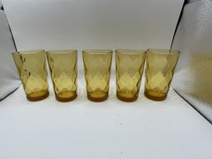 Vintage Amber Glass Honeycomb Tumblers Juice Glasses- Set of 5 (5oz)