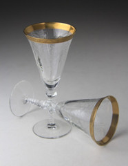 Set Of 2 VTG Morgantown Carlton Marco Gold Encrusted Etched Glass Water Goblet