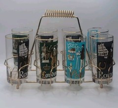 Vtg Libbey International Cities of The World S/8 Highball Glasses w/ Carrier