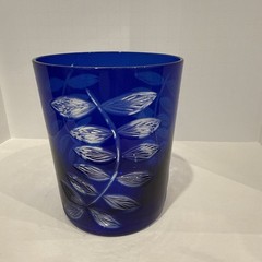 VTG COBALT BLUE Cut to Clear Etched Leaf Bohemian Czech 4.25” Tumbler Glass
