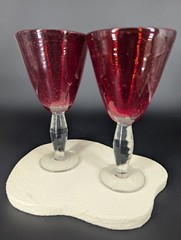 Ruby Red Art Glass Goblets Pair Hand Blown Controlled Bubble Stem 15oz Elegant