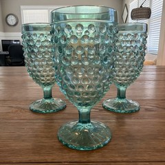Set Of 3 Hobnail Vintage Style Teal/Green Goblets Glasses 7” Footed Heavy