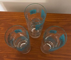 Set of 3 Libbey 7″ Mid Century Modern Gold Teal Riverboat Tumbler Glasses