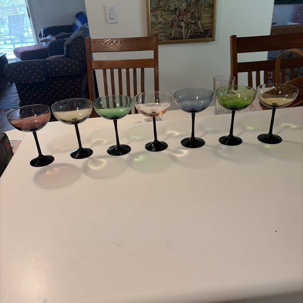 Mid Century Modern Colorful Black Stem 7 Cordial Coupe Cocktail Glasses 5.75”
