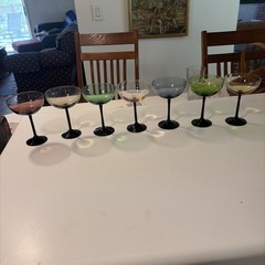 Mid Century Modern Colorful Black Stem 7 Cordial Coupe Cocktail Glasses 5.75”