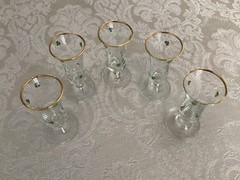 5 Cordial Glasses Shamrock & Gold Trim Clear Stem