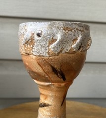 Vintage Primitive Tan Swirl Wood Fired Art Pottery Chalice Goblet 8” Signed