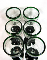 Set of 6 Handblown Artisan Sangria Wine Glasses Clear Green Trim