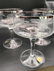 3 Vintage Forest West Germany Rose Etched Crystal Champagne Coupes – Silver Rim