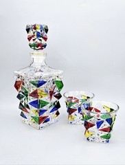 Murano-Style Colorful Faceted Geometric Glass Decanter and Lowball Set