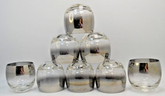 Vintage Roly Poly Glass Set of 8 with Caddy Dorothy Thorpe Style Silver Rim MCM!