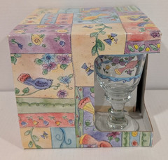 LIBBEY SUE ZIPKIN CLEAR GOBLETS 7″ SANGO SWEET SHOP BIRDS FLOWERS BEES Set of 4