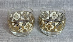 2 pc Culver 22KT Gold Roly Poly Whiskey Glass Salley Pattern Mid Century Style