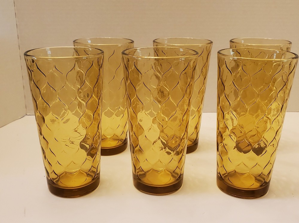 Vtg Anchor Hocking Set of 6 Amber Honeycomb Iced Tea Glasses