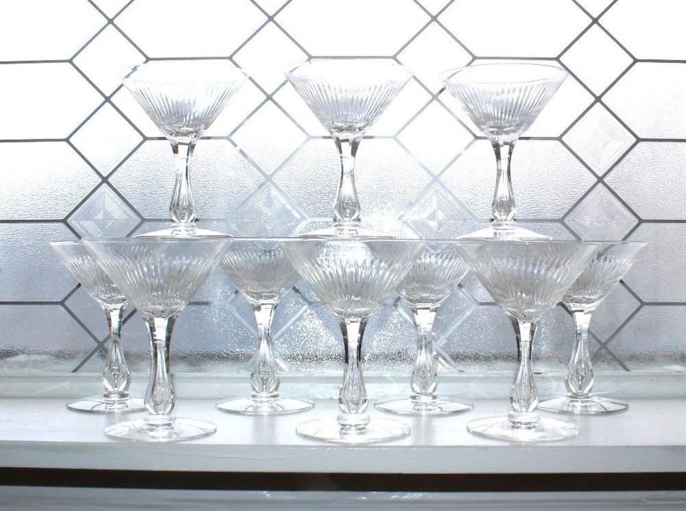 10 Vintage Art Deco Seneca Champagne Glasses Cut Rays w/ Faceted Bubble Stem