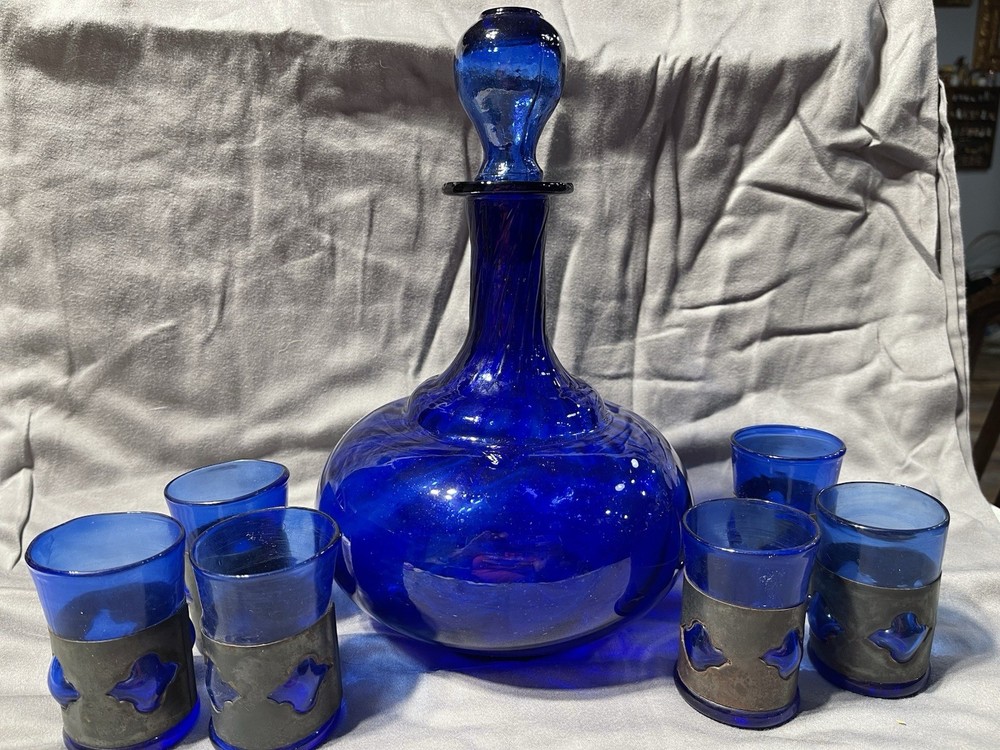 Felipe Derflingher Caged Blue Art Glass Brutalist Decanter & 6 Barware MCM Vtg