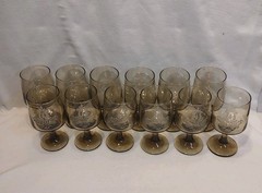 Set 12 Vintage Pfaltzgraff Village Pedestal Wine Glass Etched Brown w/ Orig Box!