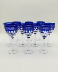 Vintage Akja Cobalt Blue Cut To Clear Tall Stem Wine Glasses Set of 10 6-3/4″