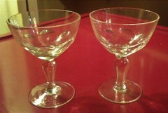 TWO 4″ SHERRY GLASSES w IMPRESSED DESIGN, c 1940.