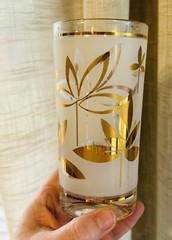 Set Of 8 Rare Libby MCM Gold Leaf Water Lily Tumblers Glasses Frosted