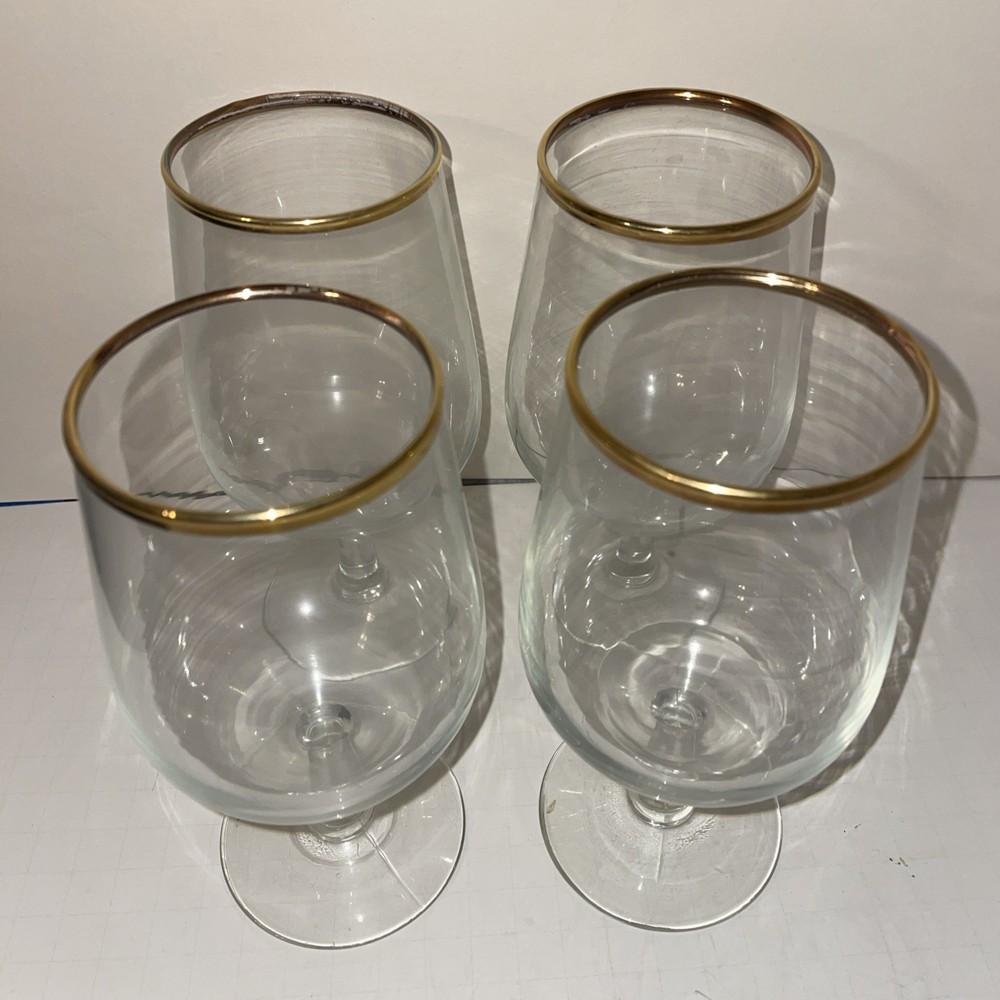 Lot Of 4 Wine Water Goblet Clear Glasses Gold Trim Stemware 7″ Unknown Maker #1