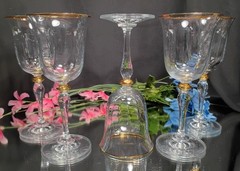 5 Gold Trimmed Optic Ripple Gold Lozenge Trumpet Wine Glasses Goblets Set