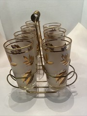 Vintage Libbey Gold Leaf High-ball Frosted Glasses 7 Piece Set – Metal Carrier