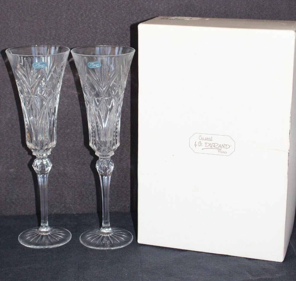 Set 2 D’Arques Crystal Vincennes Champagne Flutes Cristal J G Durand France NIB