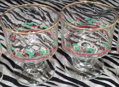 2 Swirloptic Red Berry & Green Holly, Champagne/Sherbet Glass w/Gold Rim