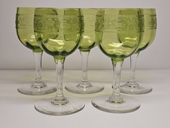 Set Of 5 Fine Etched St. Louis? Crystal Green Optic Ribbed Wine Glasses
