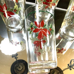 Vintage Tumblers Water Ice Tea Glass Poinsettia 14 Ounce Set of 4 Christmas #74