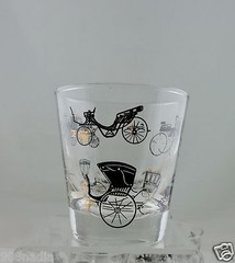 VINTAGE GOLD CLEAR BLACK WHITE CARRIAGE IMAGE BRANDY WHISKEY ROCK GLASS SET 6