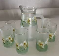 VTG KIG Indonesia Brilliant Frosted Juice Glasses & Pitcher Daffodil Floral