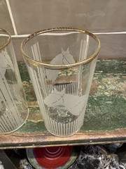 Vtg Pair Of Satin Etched Horse & Vertical Strips Gold Rim 4.75” Glasses