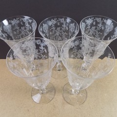5 Cambridge Glass Rose Point Iced Tea Glasses Etched 7.5″ Tall
