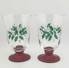 Set 4 Vintage GORHAM Red Footed Festive Holly Goblets All Purpose Water Glasses